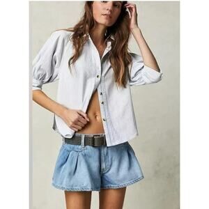 We The Free Free Womens L Blue White Ellie Seersucker Stripe Button down Shirt